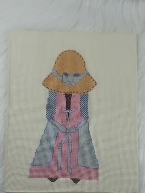 Vintage Handstitched Sunbonnet Girl Cross Stitch in Pink, Blue & Tan 8x10 Size
